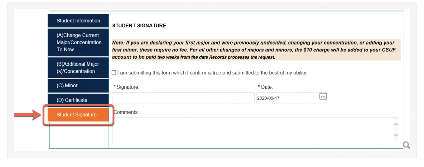 screen shot of student signature