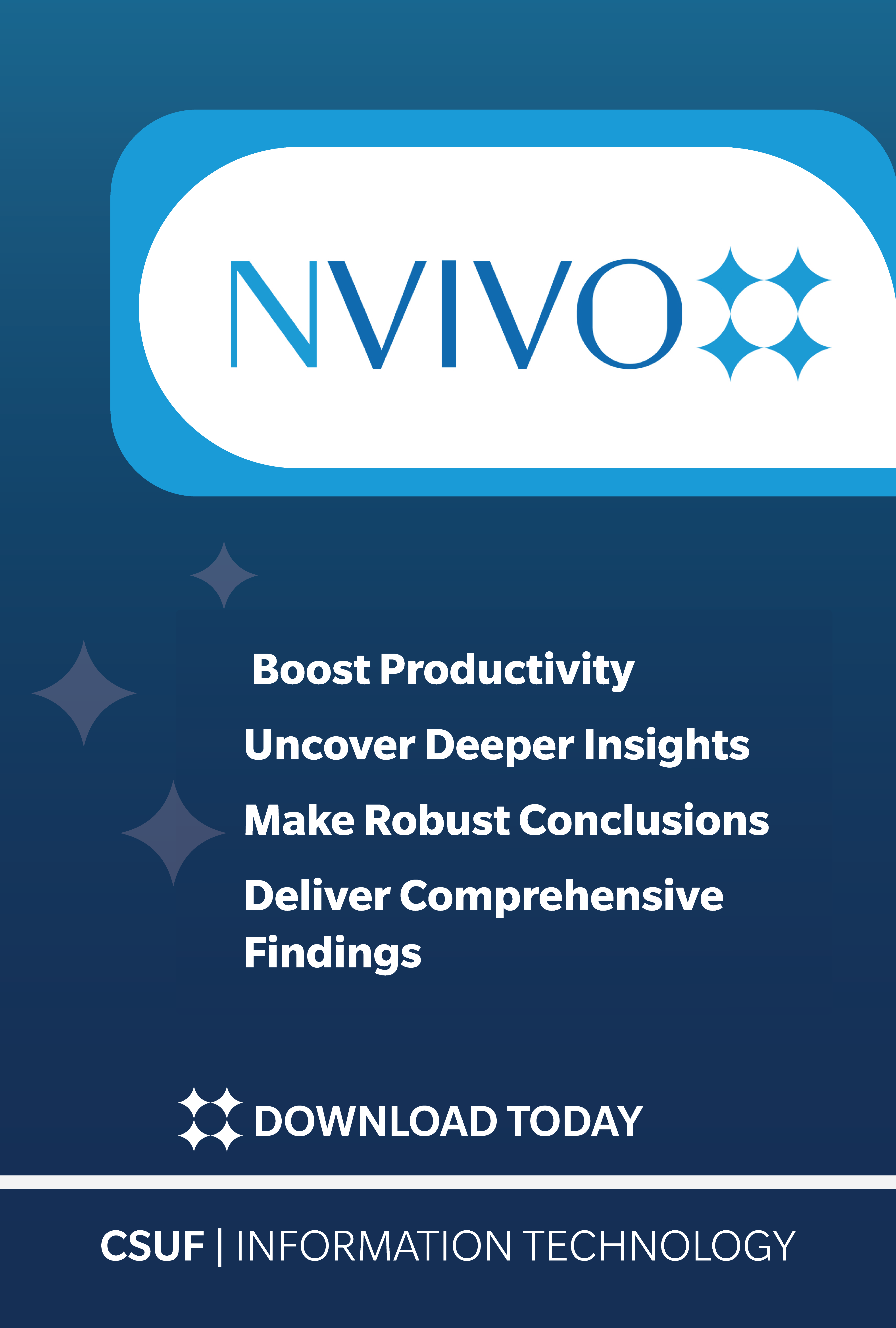 NVIVO software poster, boost productivity, uncover deeper insights, make robust conclusions, deliver comprehensive findings