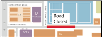 map showing where the road is closed along the tennis courts near Gymnasium Dr and West Campus Dr.