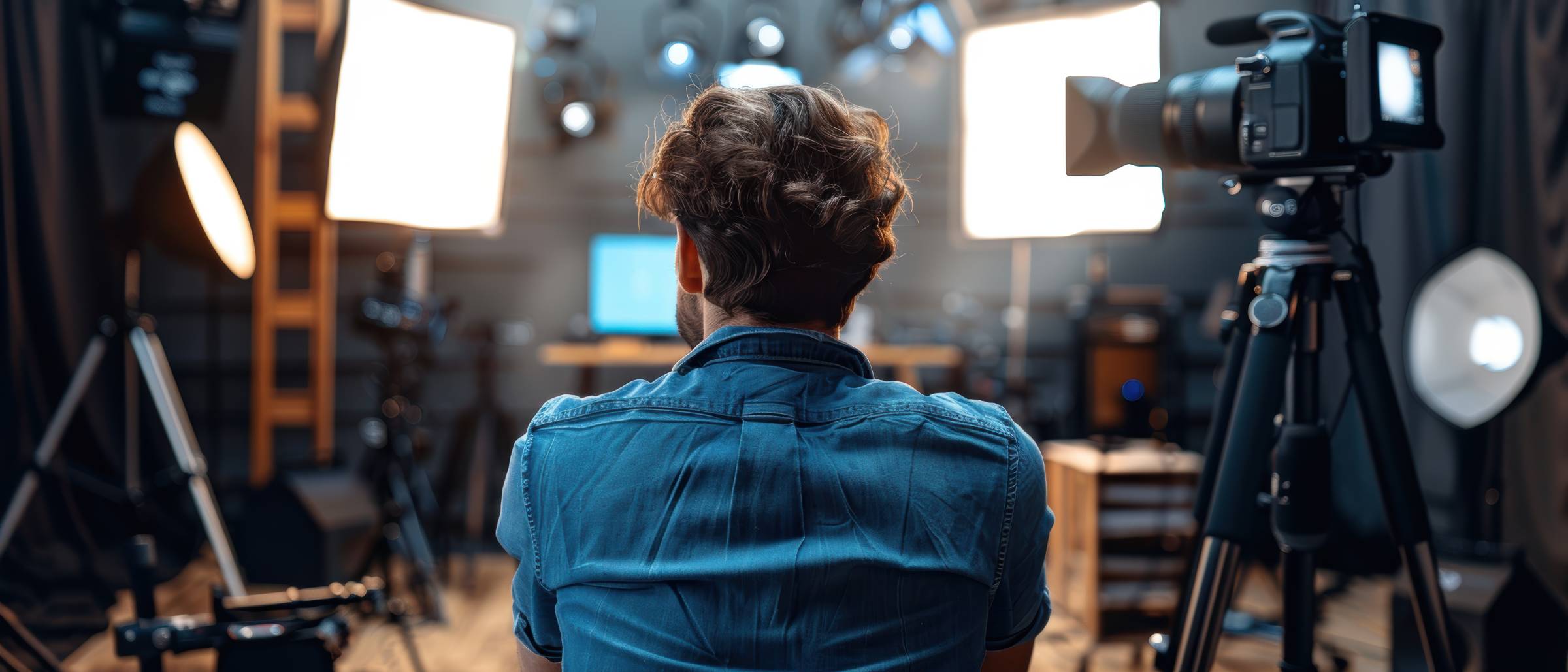 man seated looking at camera set for headshots