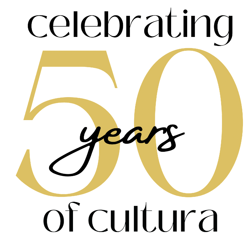 image of text "celebrating 50 years of cultura" with 50 in large gold lettering