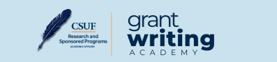blue letters spelling grant writing academy
