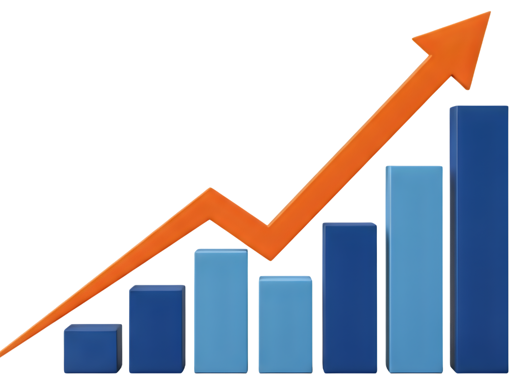 orange arrow over blue bar graph