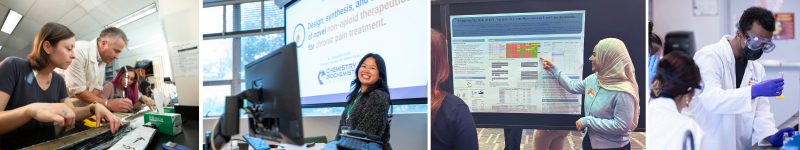 students in labs and presenting research