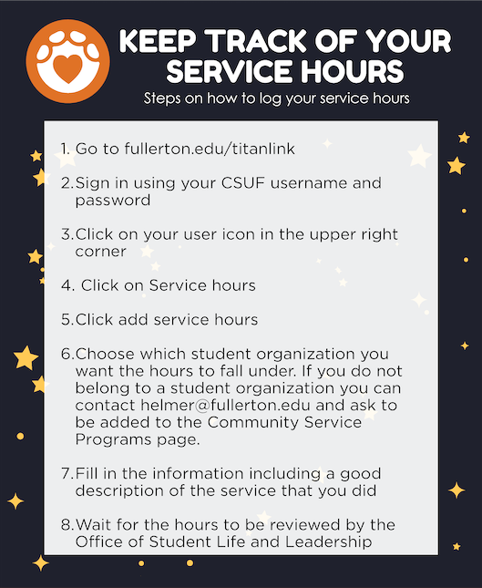 Keep Track of your Service Hours. Steps on how to log your service hours. 1. Go to fullerton.edu/titanlink. 2. Sign in using your CSUF username and password. 3. Click on your user icon in the upper right corner. 4. Click on Service hours. 5. Click add service hours. 6. Choose which student organization you want the hours to fall under. If you do not belong to a student organization you can contact helmer@fullerton.edu and ask to be added to the Community Service Programs page. 7. Fill in the information including a good description of the service that you did. 8. Wait for the hours to be reviewed by the Office of Student Life and Leadership. 